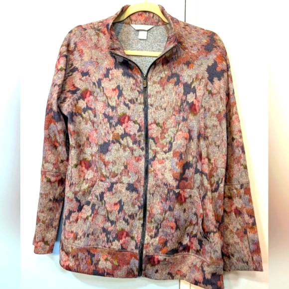 Christopher & Banks Petite Medium Gray/Purple Floral Print Full-Zip Jacket - Picture 1 of 8
